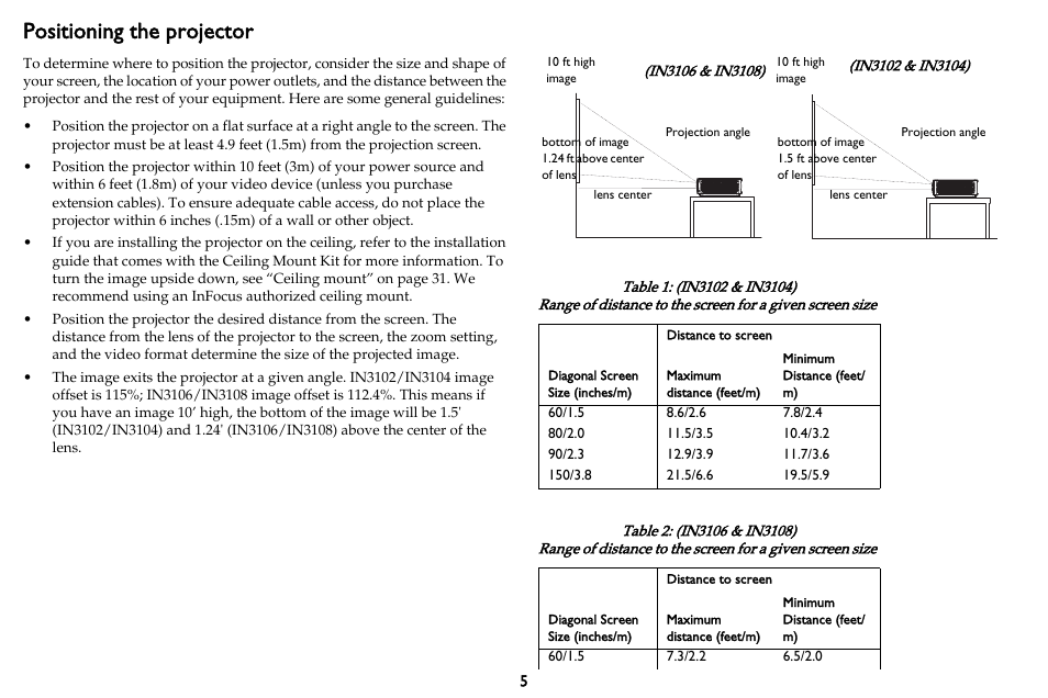Positioning the projector | InFocus IN3102 User Manual | Page 6 / 39