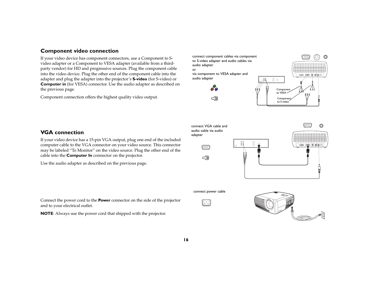 Component video connection, Vga connection | InFocus X1 User Manual | Page 16 / 49