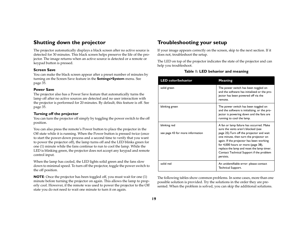 Shutting down the projector, Troubleshooting your setup | InFocus X1 User Manual | Page 19 / 49