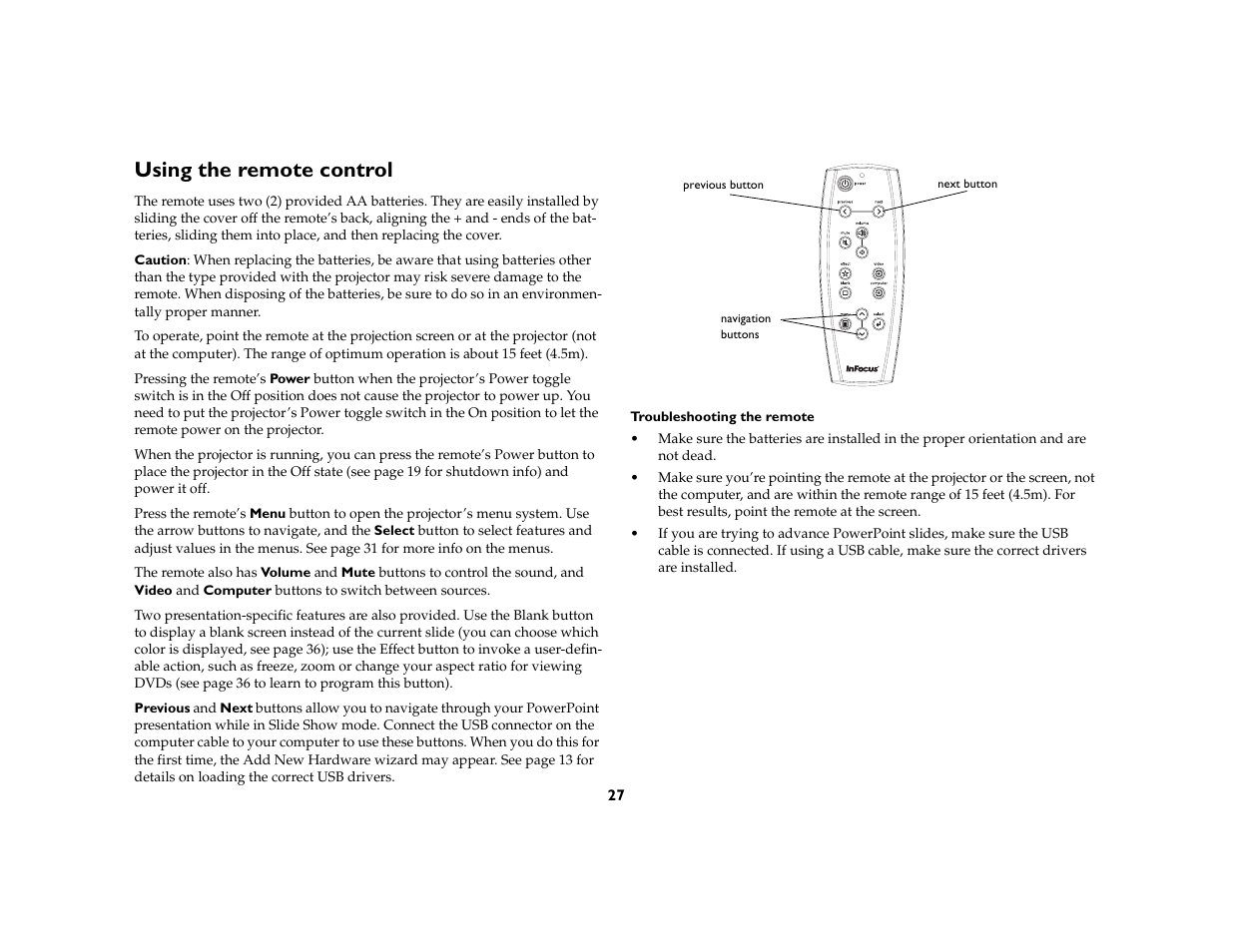 Using the remote control | InFocus X1 User Manual | Page 27 / 49