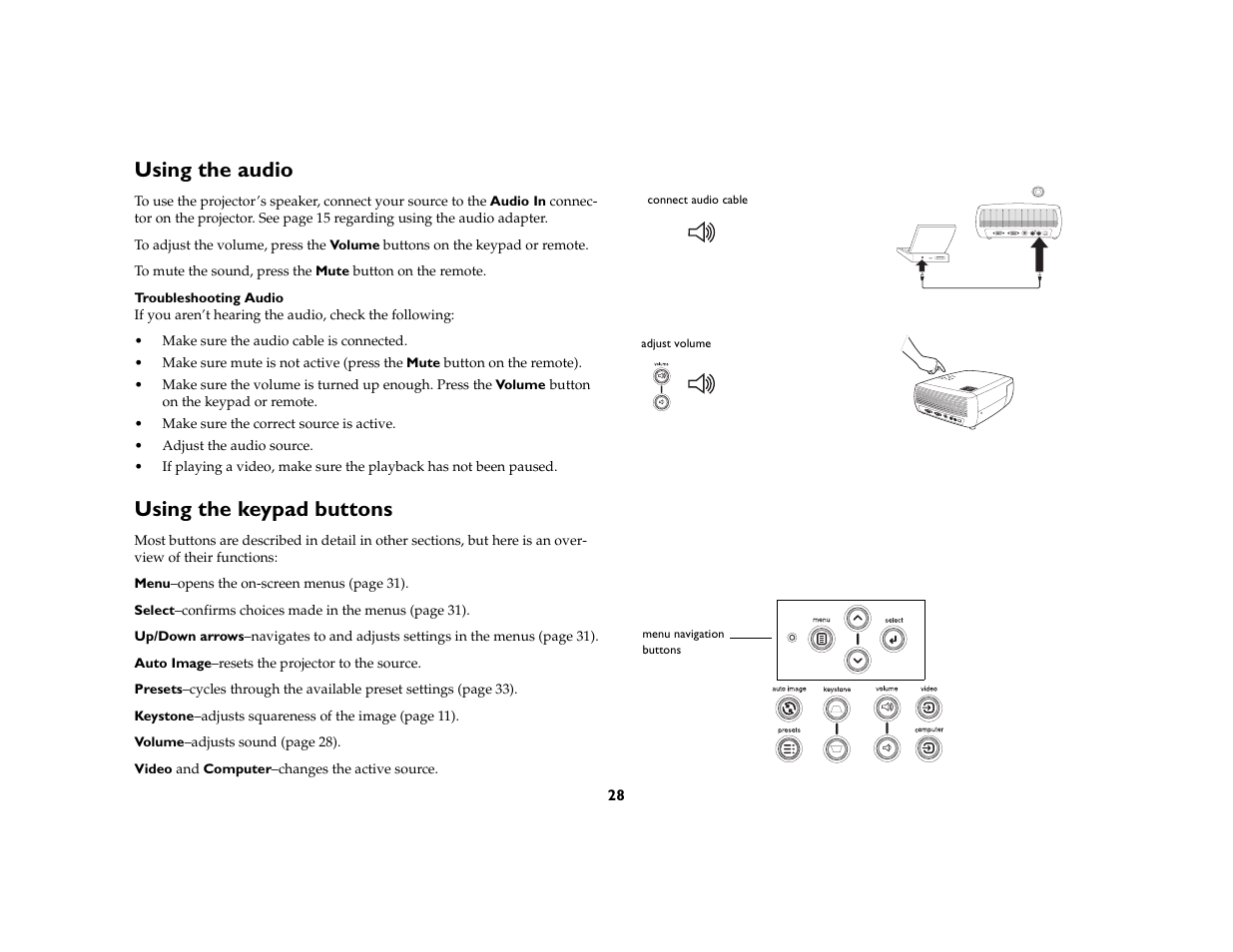 Using the audio, Using the keypad buttons | InFocus X1 User Manual | Page 28 / 49