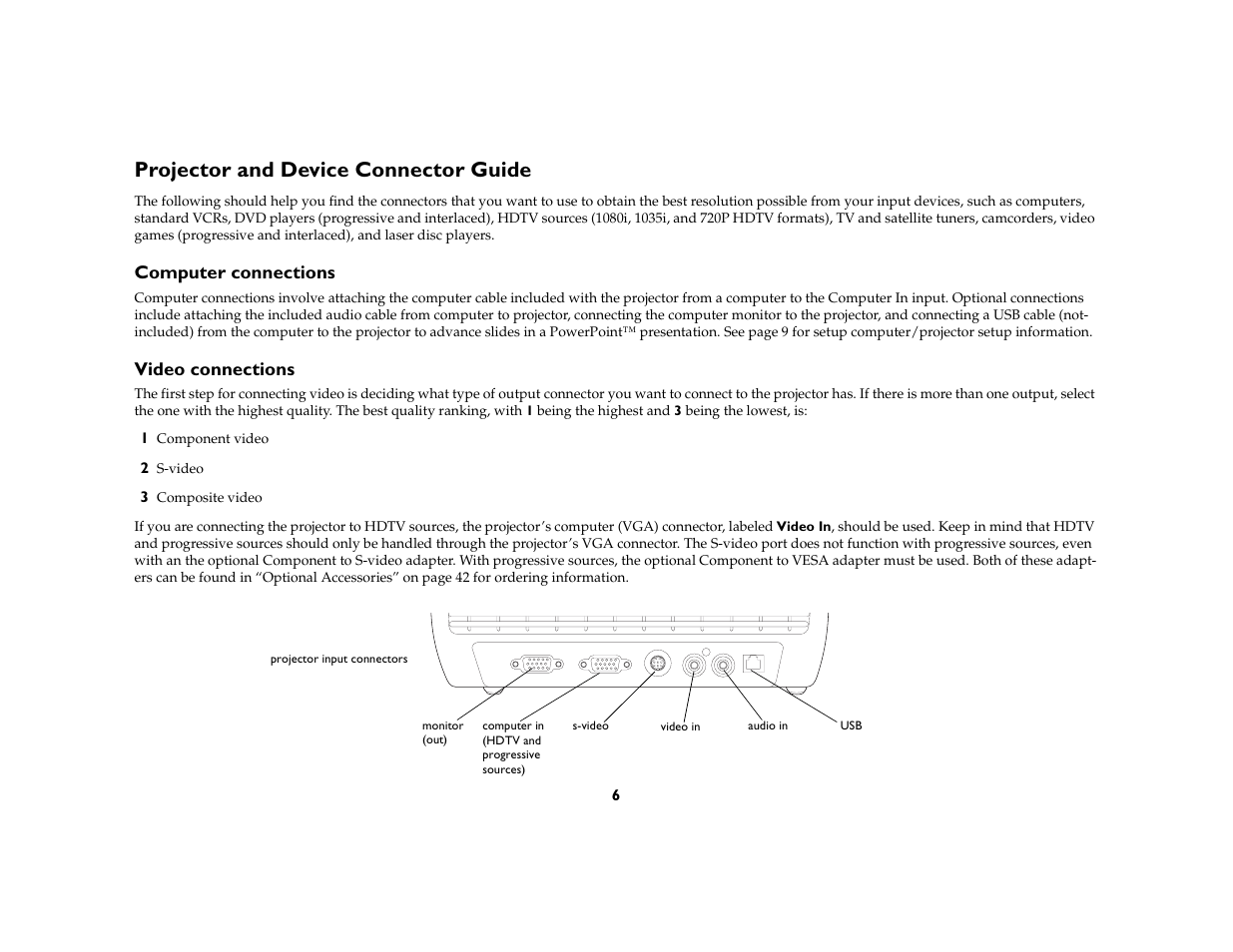 Projector and device connector guide, Computer connections, Video connections | InFocus X1 User Manual | Page 6 / 49