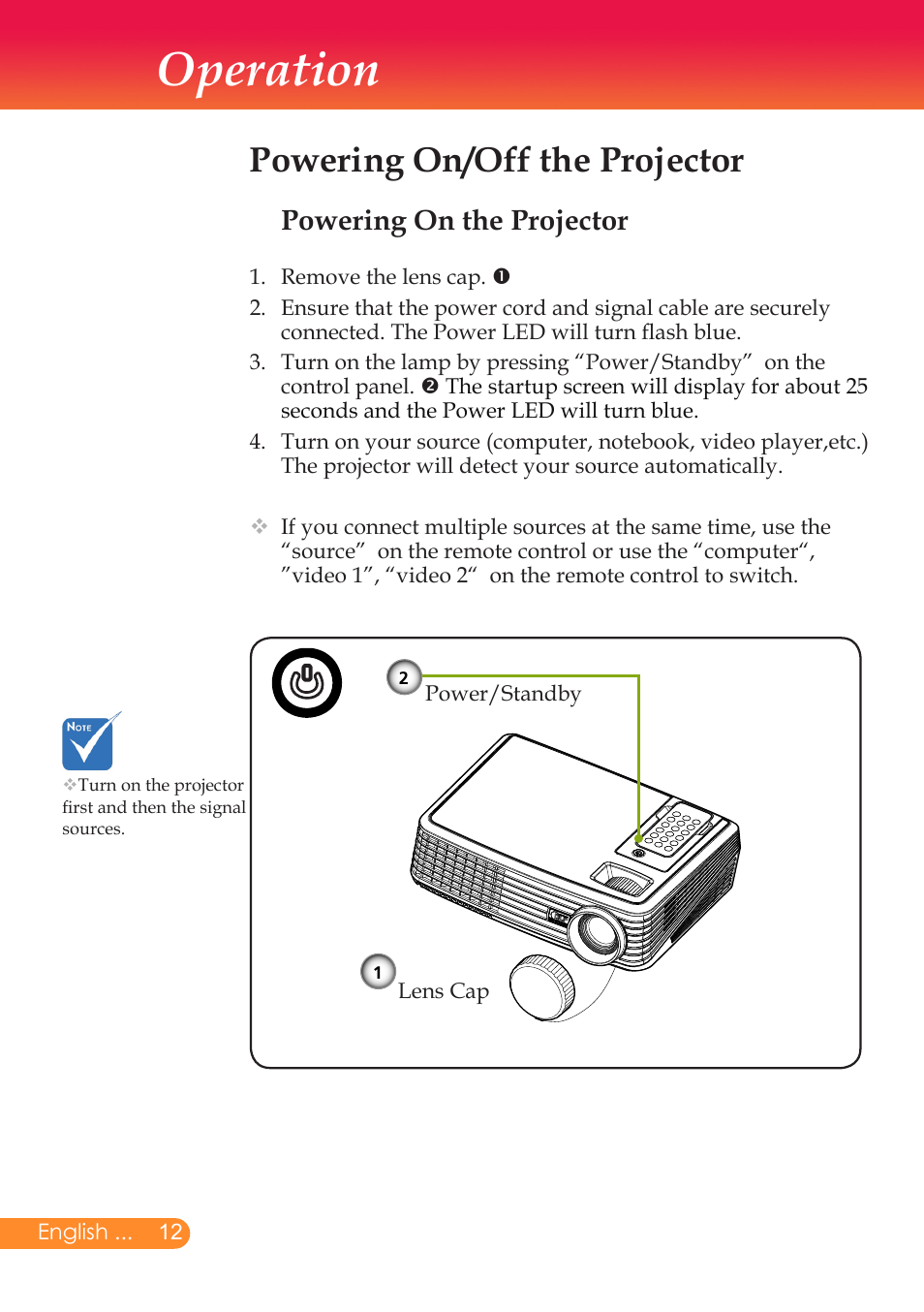 Operation, Powering on/off the projector, Powering on the projector | InFocus X6 User Manual | Page 13 / 37