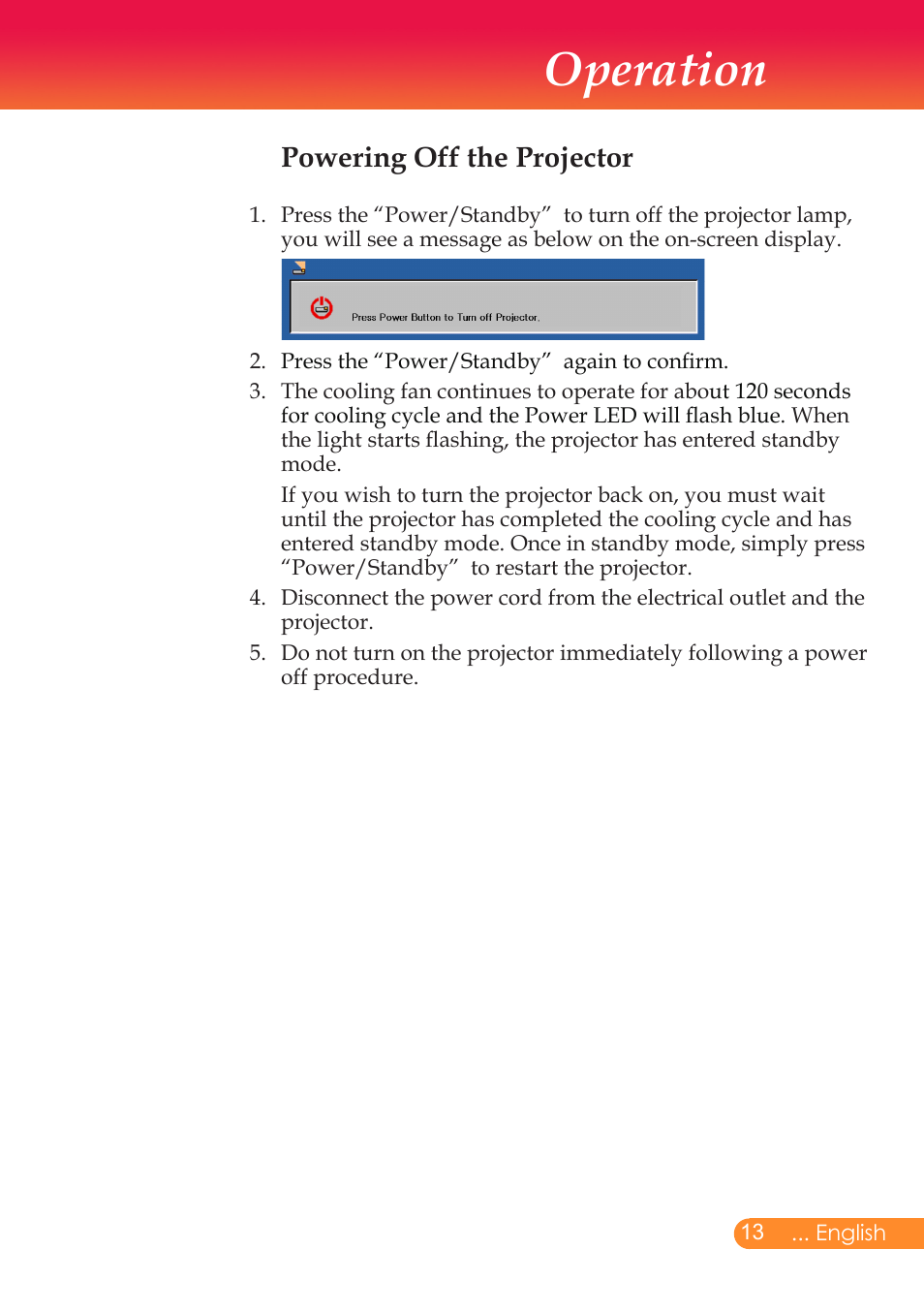 Operation, Powering off the projector | InFocus X6 User Manual | Page 14 / 37