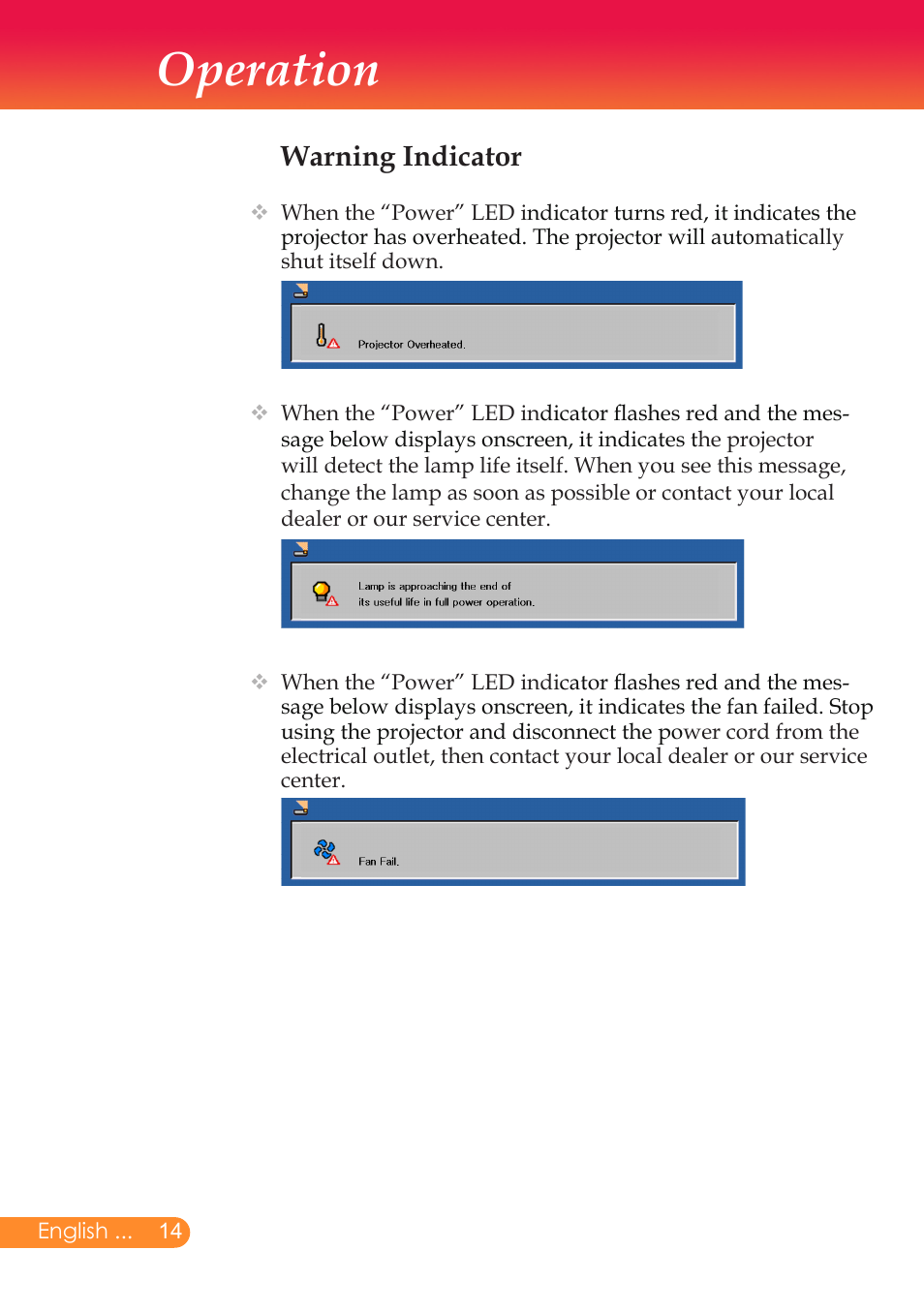 Operation, Warning indicator | InFocus X6 User Manual | Page 15 / 37