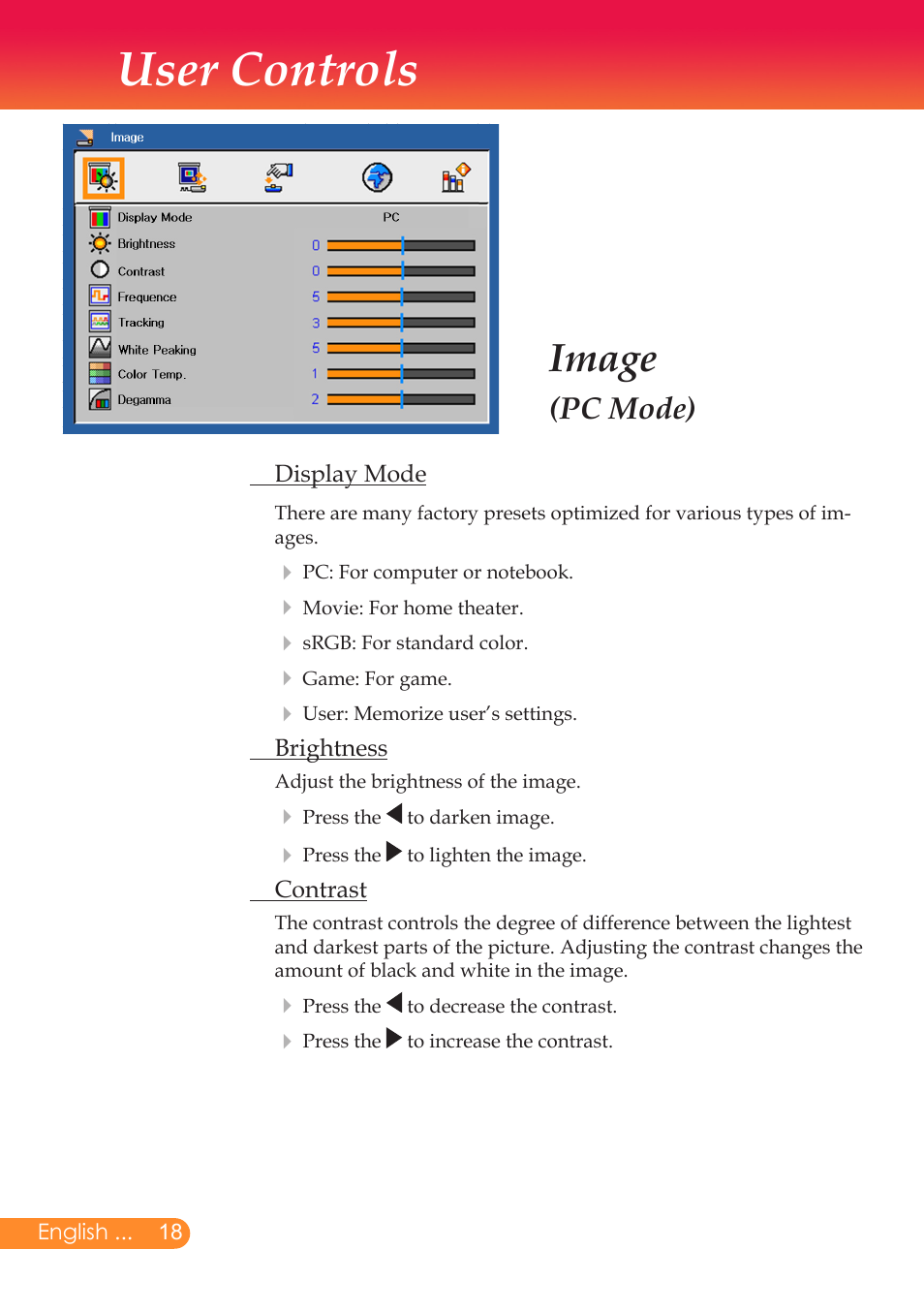 User controls, Image, Pc mode) | InFocus X6 User Manual | Page 19 / 37