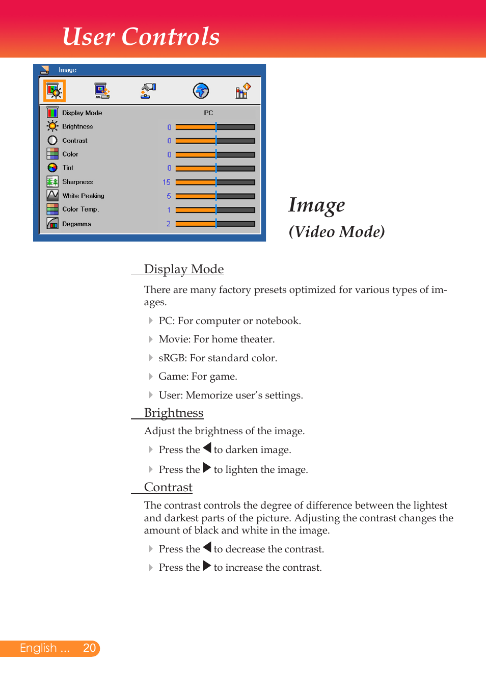 User controls, Image, Video mode) | InFocus X6 User Manual | Page 21 / 37