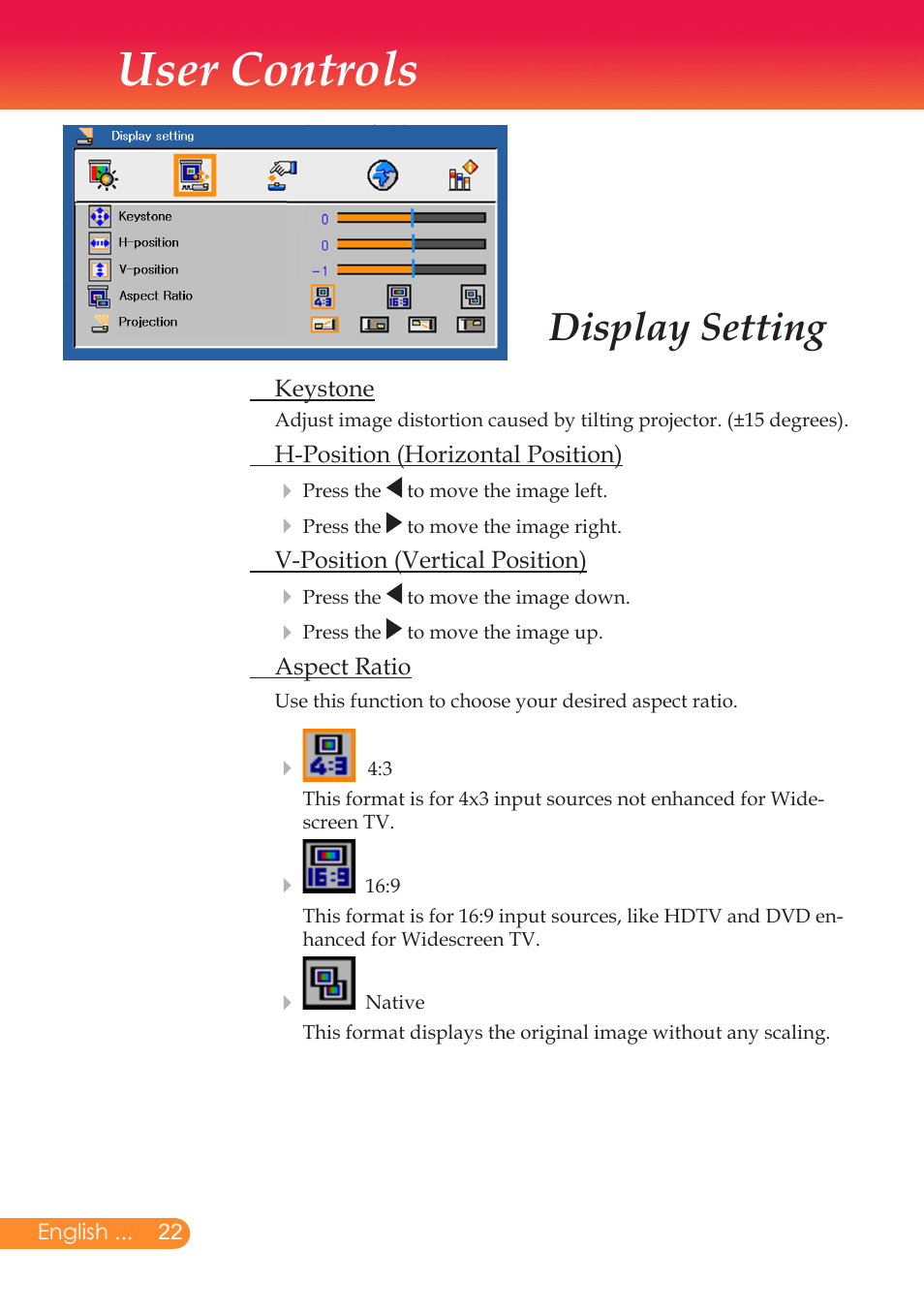 User controls, Display setting | InFocus X6 User Manual | Page 23 / 37