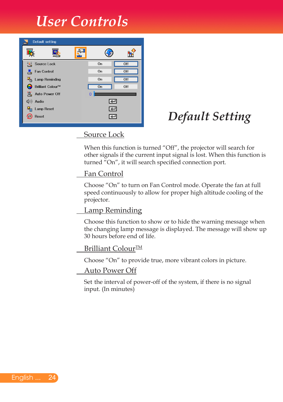 User controls, Default setting | InFocus X6 User Manual | Page 25 / 37