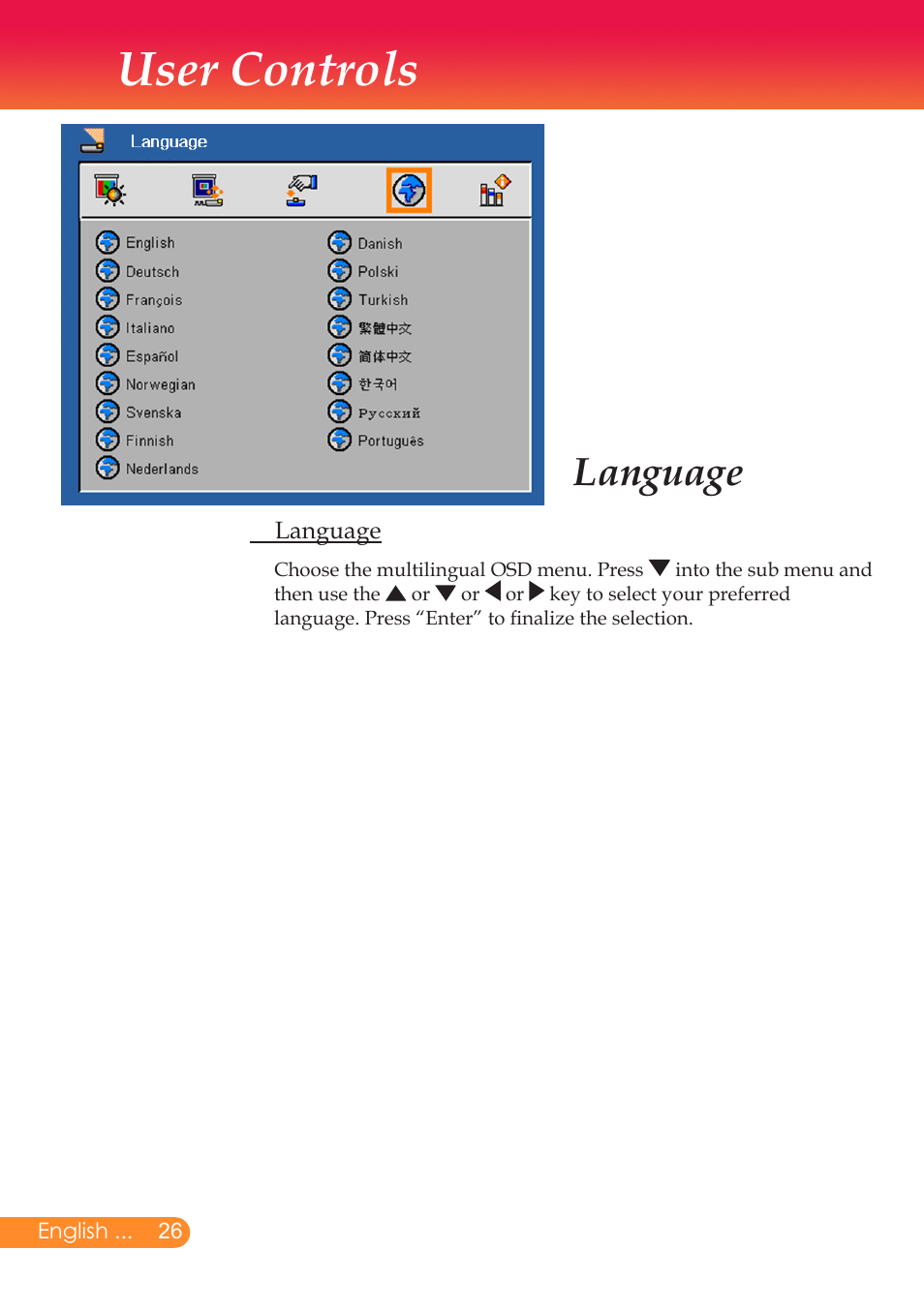 User controls, Language | InFocus X6 User Manual | Page 27 / 37