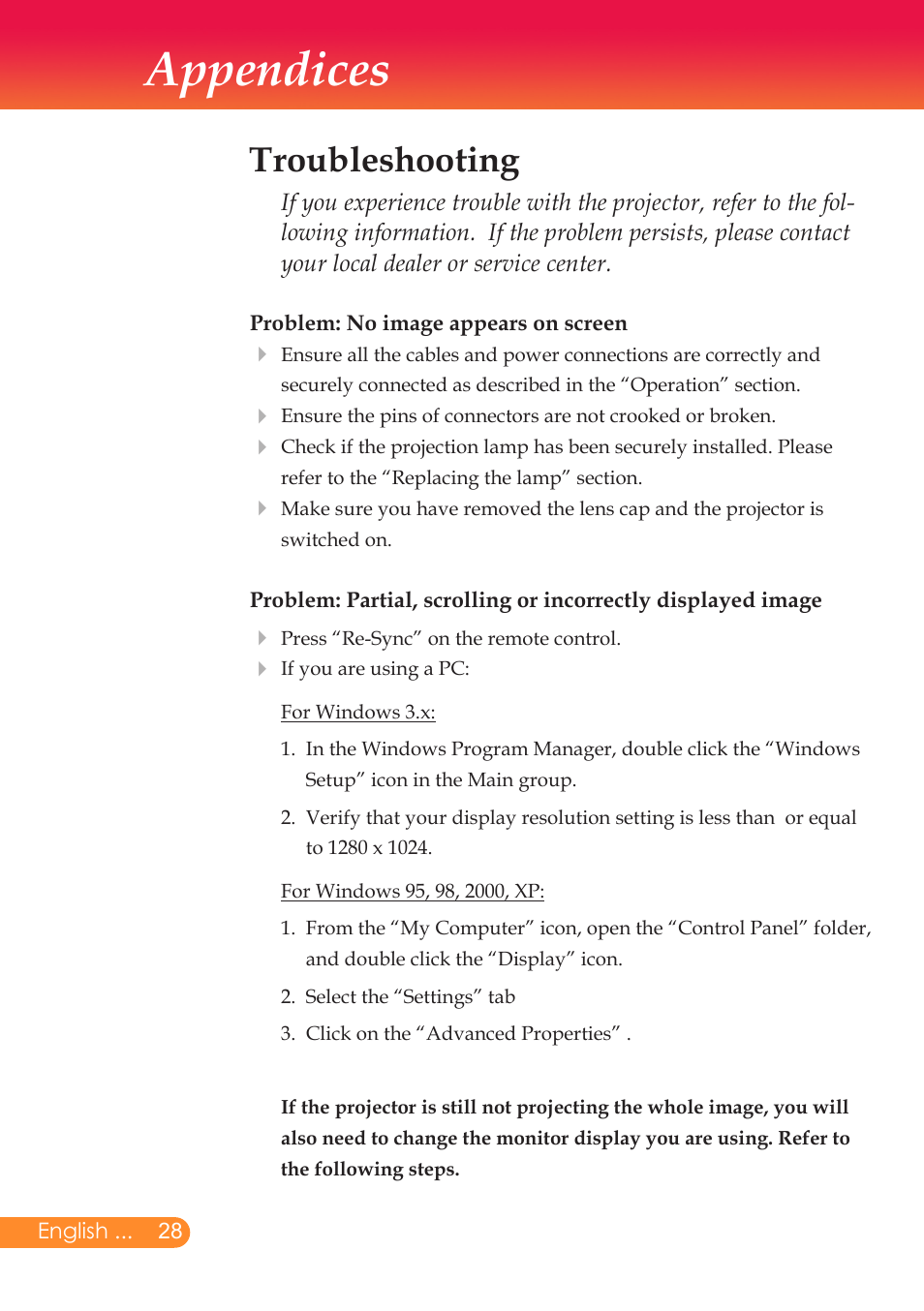 Appendices, Troubleshooting | InFocus X6 User Manual | Page 29 / 37