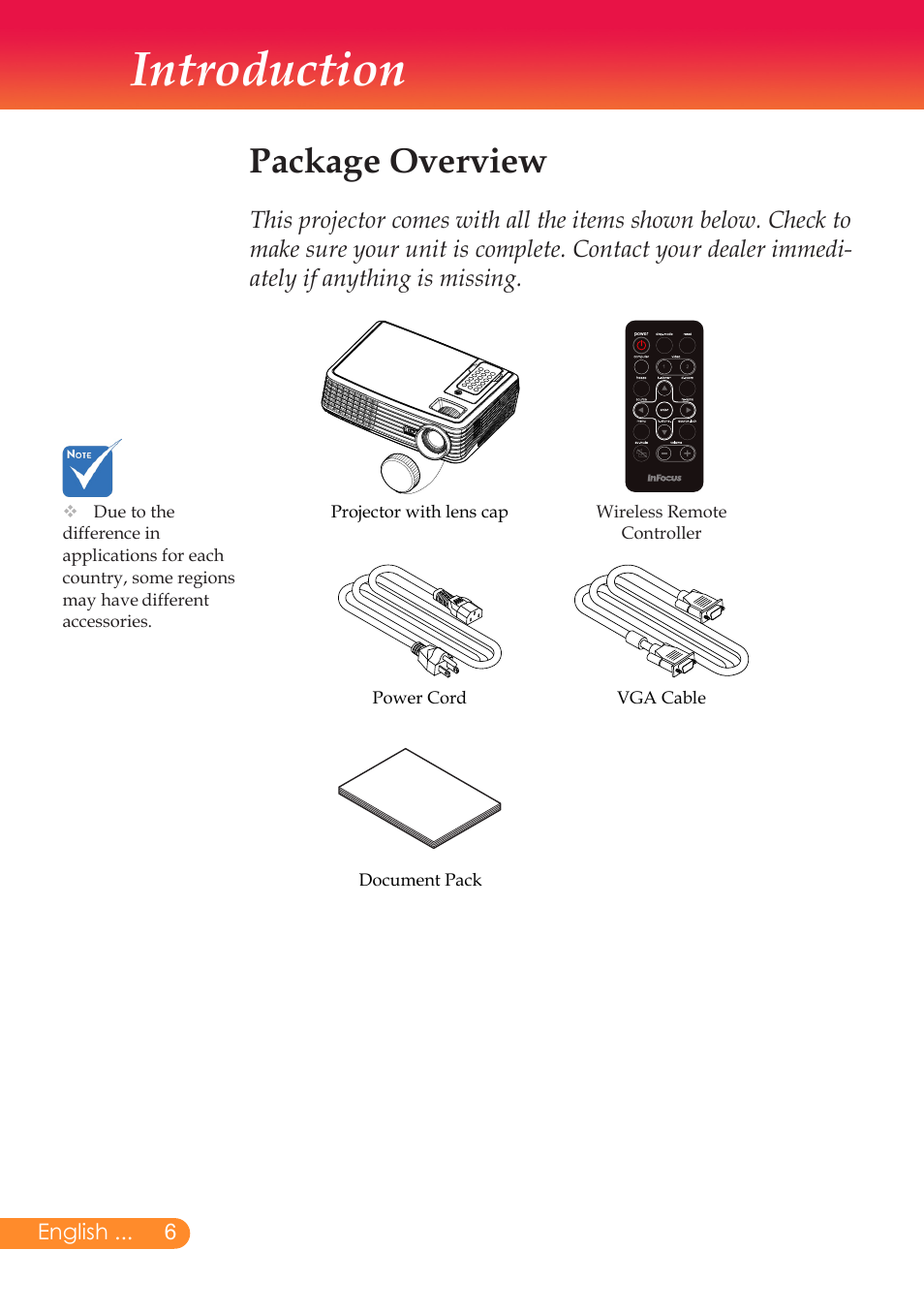 Introduction, Package overview | InFocus X6 User Manual | Page 7 / 37