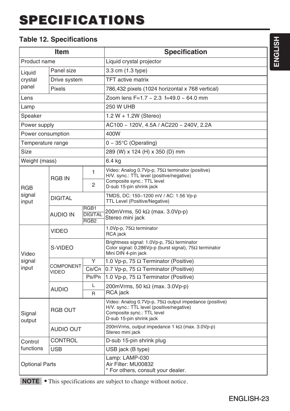 Specifications, English-23 english english-23, Table 12. specifications | Item specification | InFocus liquid crystal User Manual | Page 25 / 26