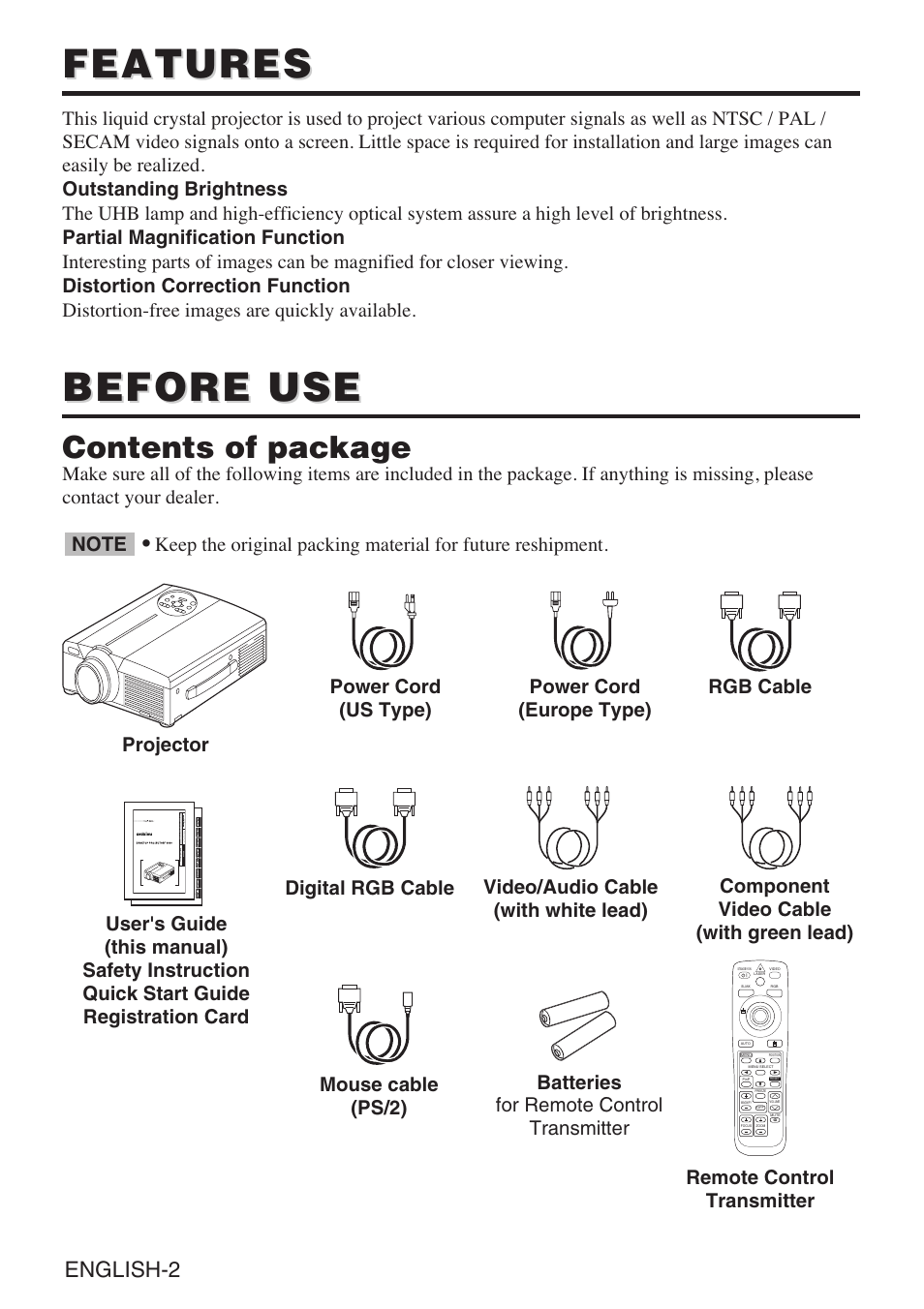 Features, Before use, Contents of package | English-2 | InFocus liquid crystal User Manual | Page 4 / 26