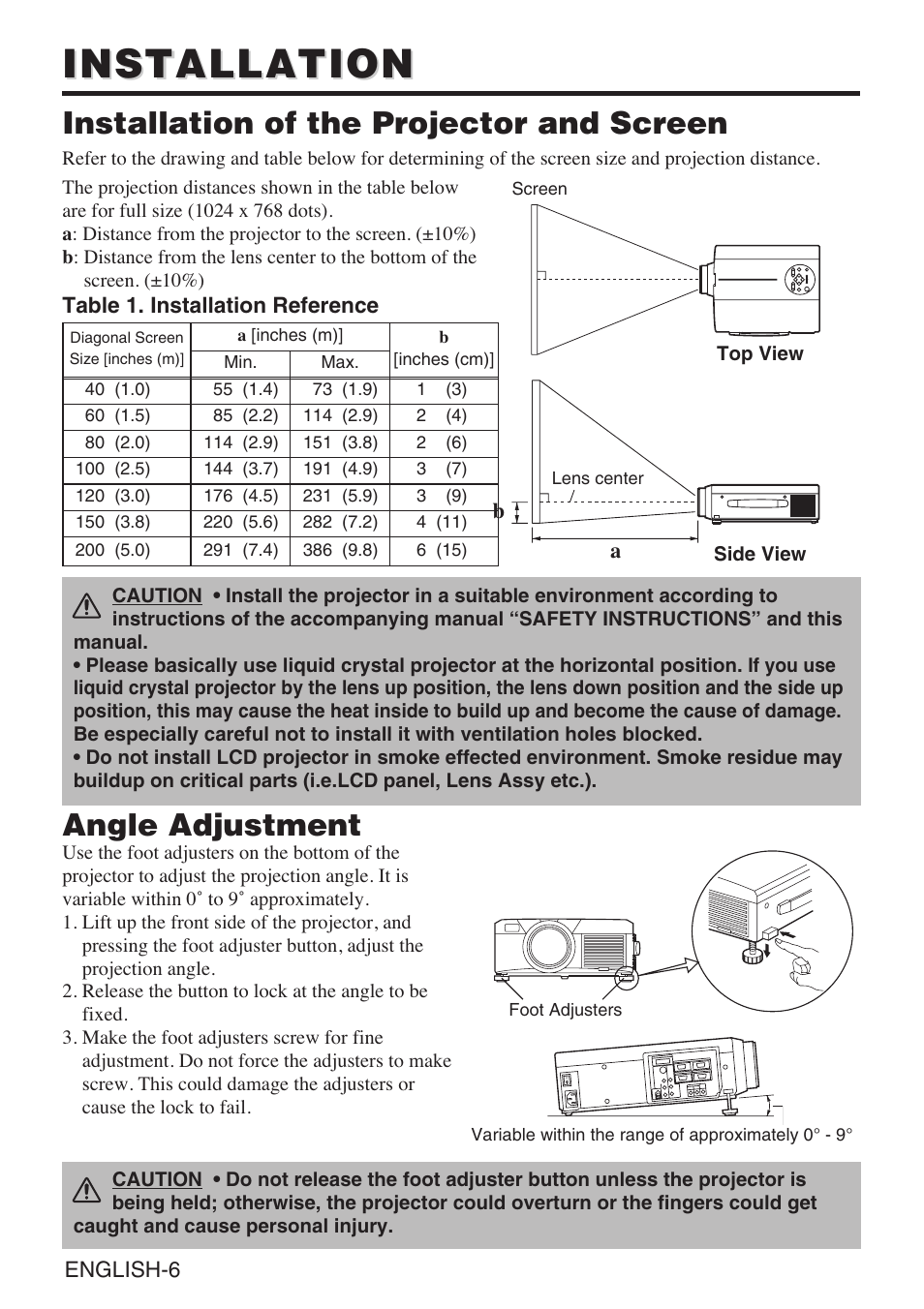 Installation, Installation of the projector and screen, Angle adjustment | InFocus liquid crystal User Manual | Page 8 / 26
