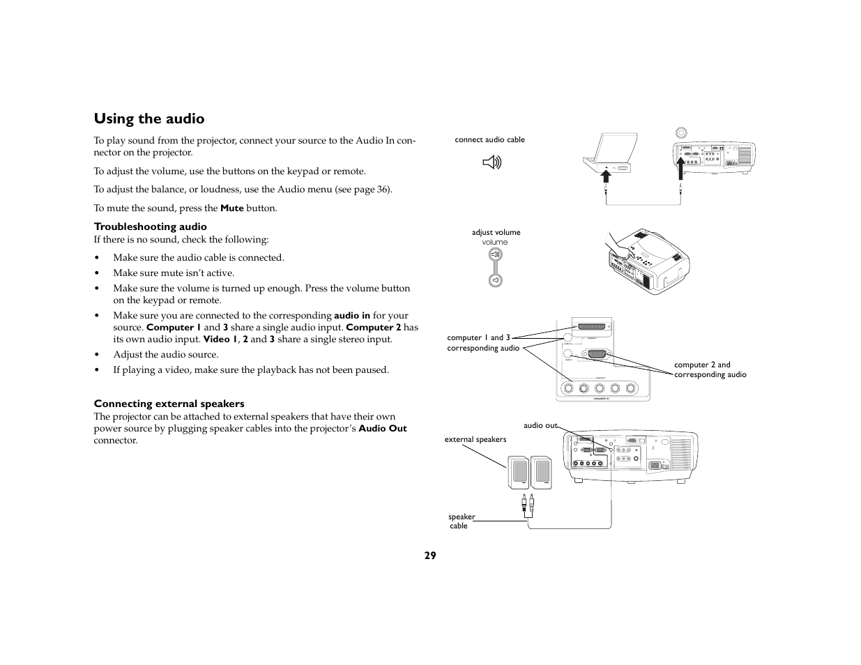 Using the audio, Computer 1, Audio in computer 2 computer 3 audio in | InFocus DP8400x User Manual | Page 30 / 61