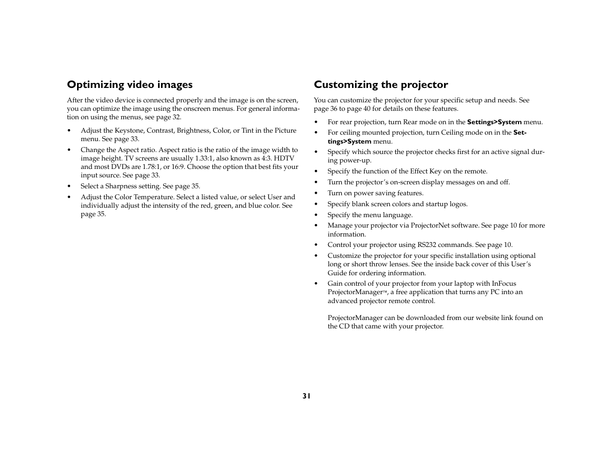 Optimizing video images, Customizing the projector | InFocus DP8400x User Manual | Page 32 / 61