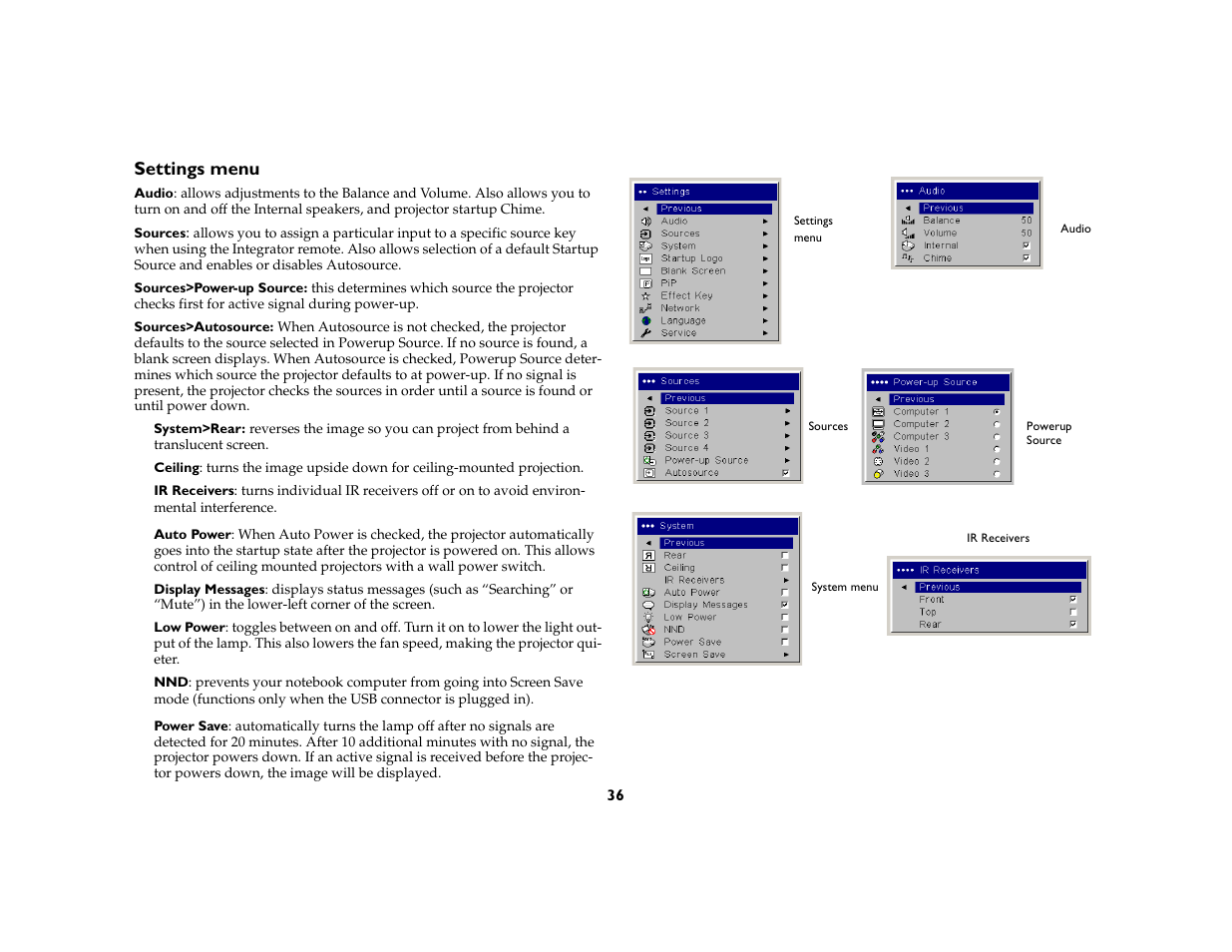 Settings menu | InFocus DP8400x User Manual | Page 37 / 61