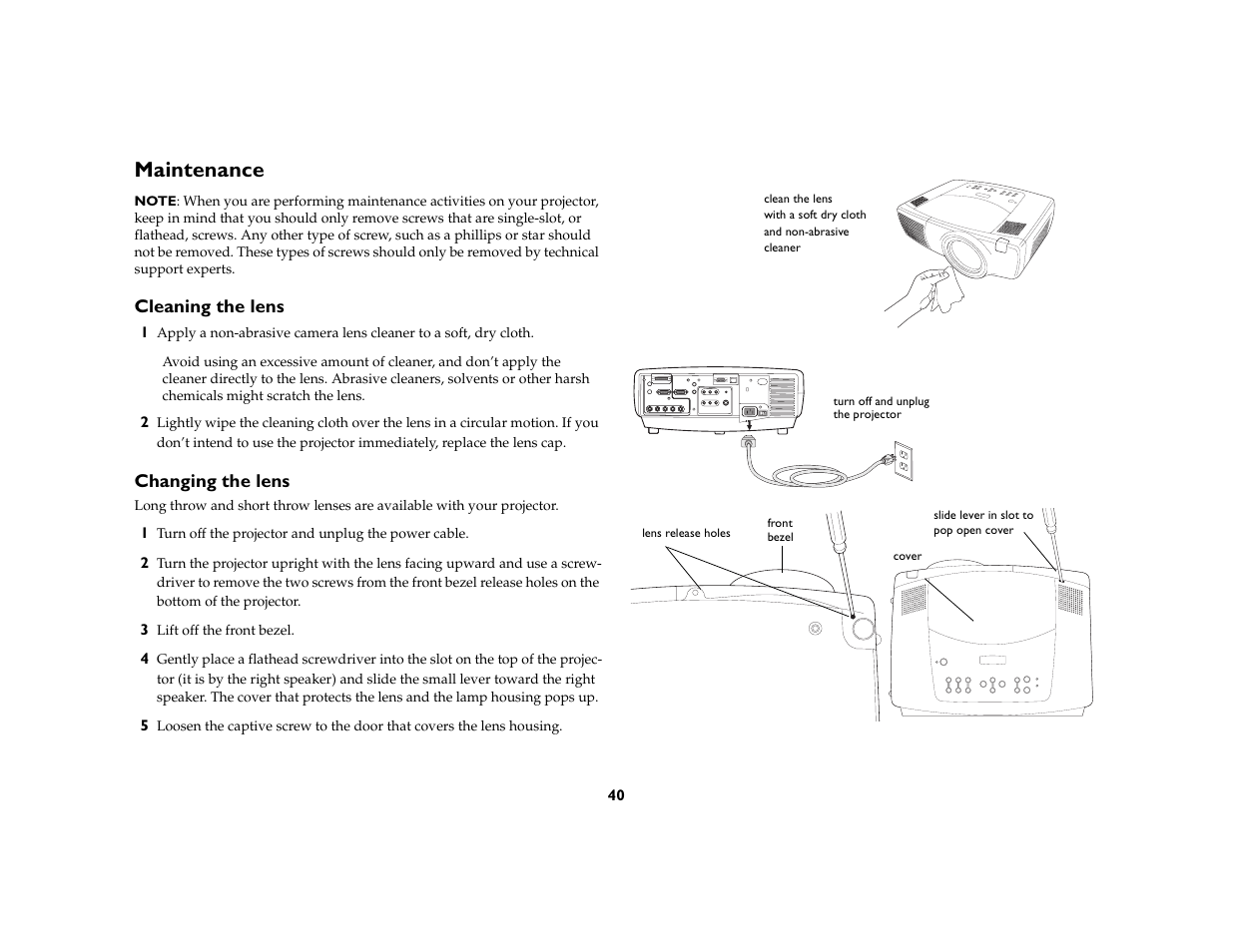 Maintenance, Cleaning the lens, Changing the lens | Maintenance 40 | InFocus DP8400x User Manual | Page 41 / 61