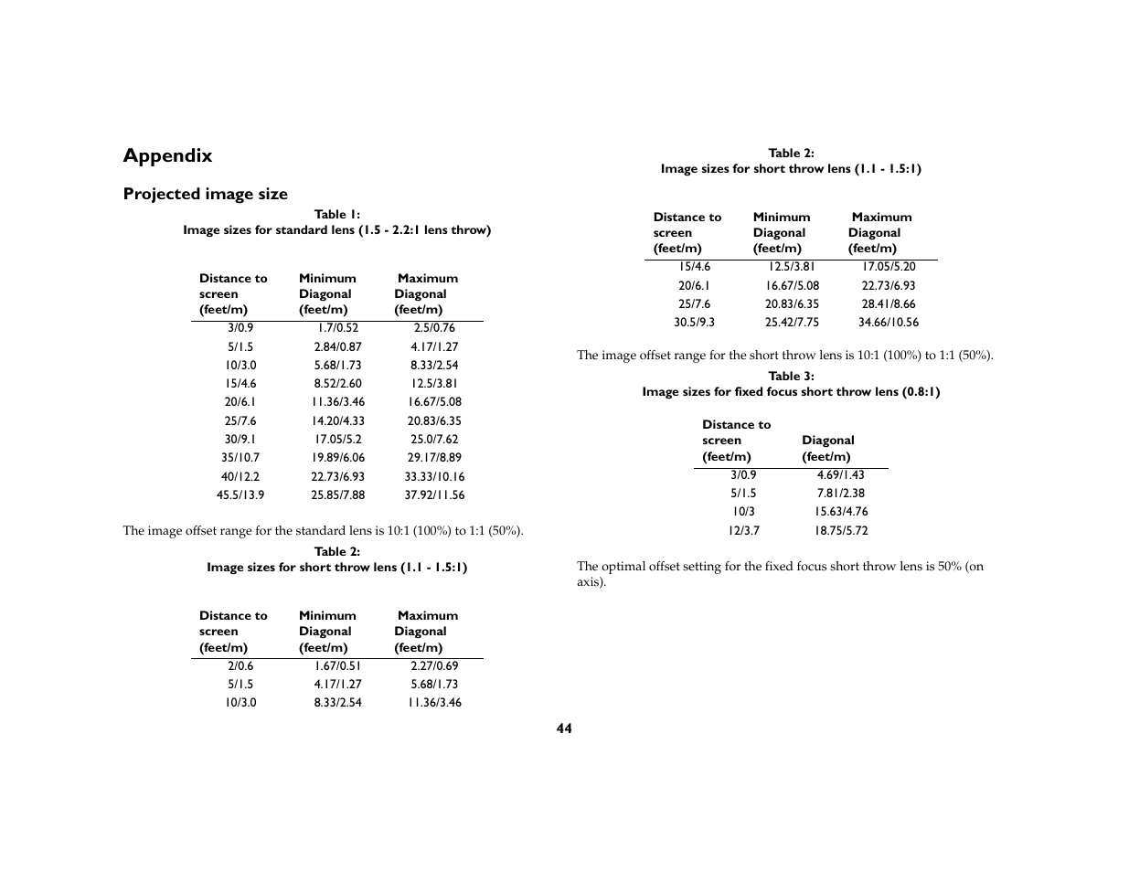 Appendix, Projected image size, Appendix 44 | InFocus DP8400x User Manual | Page 45 / 61