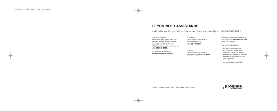 If you need assistance | InFocus DP8400x User Manual | Page 60 / 61