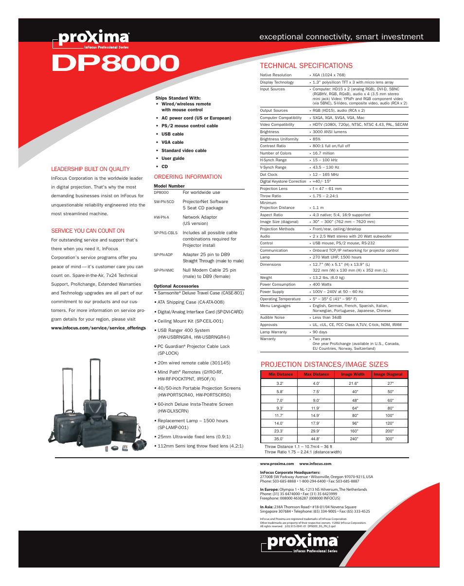 Dp8000, Exceptional connectivity, smar t investment, Technical specifications | Projection distances/image sizes, Leadership built on quality, Service you can count on, Ordering information | InFocus DP8000 User Manual | Page 4 / 4