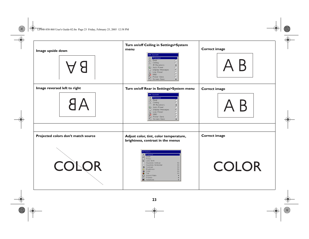 Color | InFocus INTEGRATION LP840 User Manual | Page 25 / 60