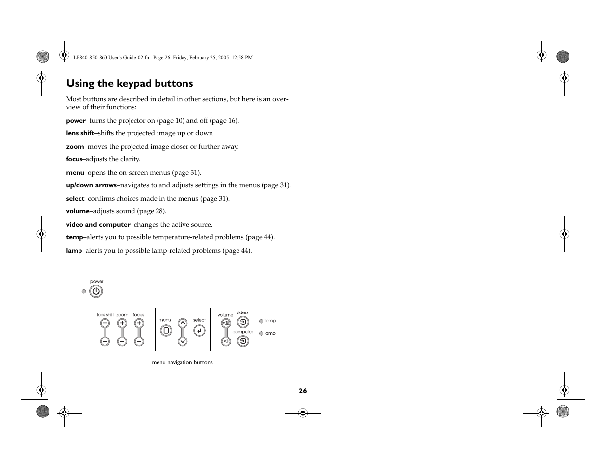 Using the keypad buttons | InFocus INTEGRATION LP840 User Manual | Page 28 / 60