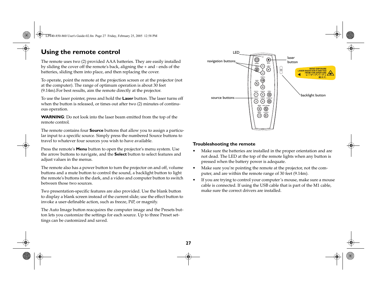 Using the remote control | InFocus INTEGRATION LP840 User Manual | Page 29 / 60