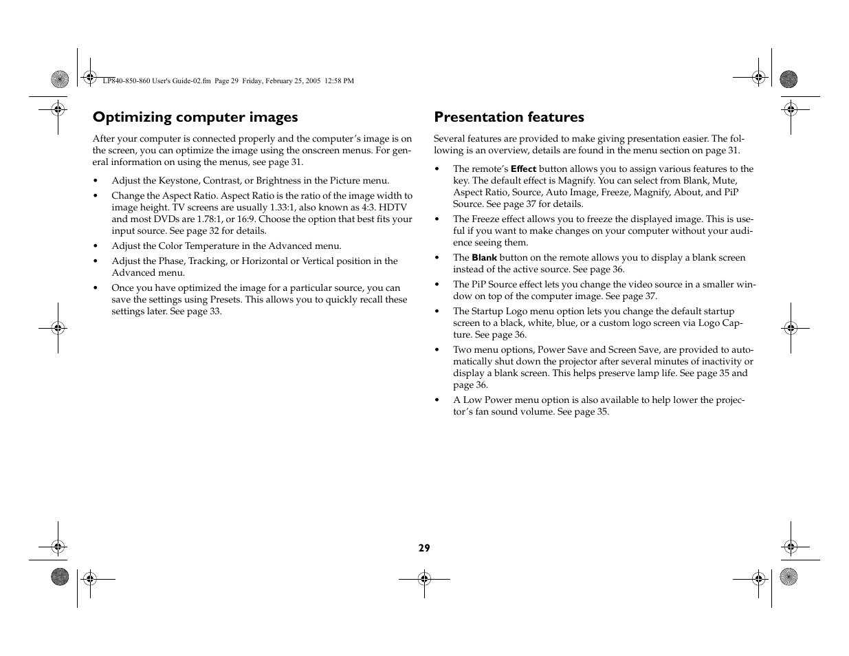 Optimizing computer images, Presentation features | InFocus INTEGRATION LP840 User Manual | Page 31 / 60