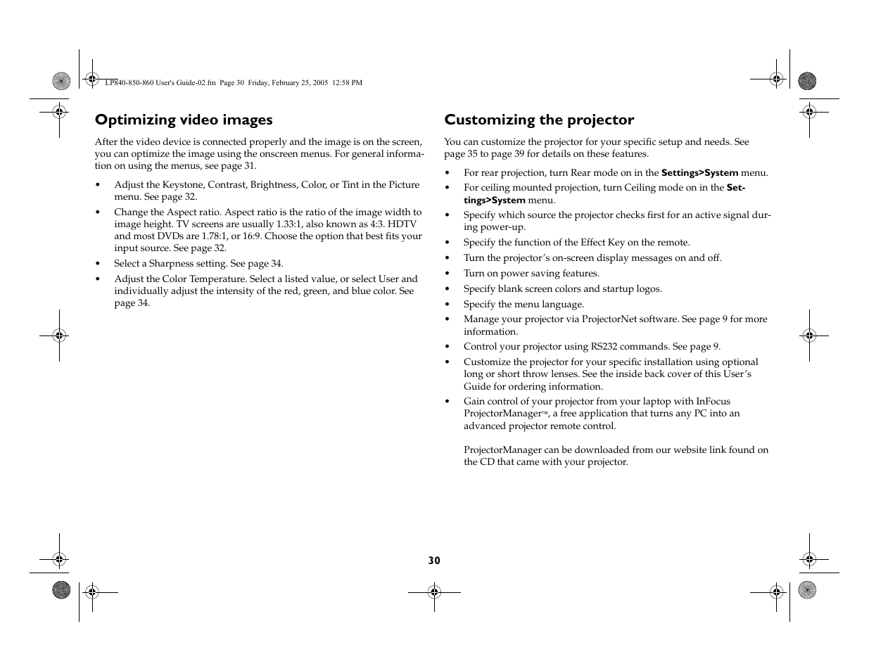 Optimizing video images, Customizing the projector | InFocus INTEGRATION LP840 User Manual | Page 32 / 60