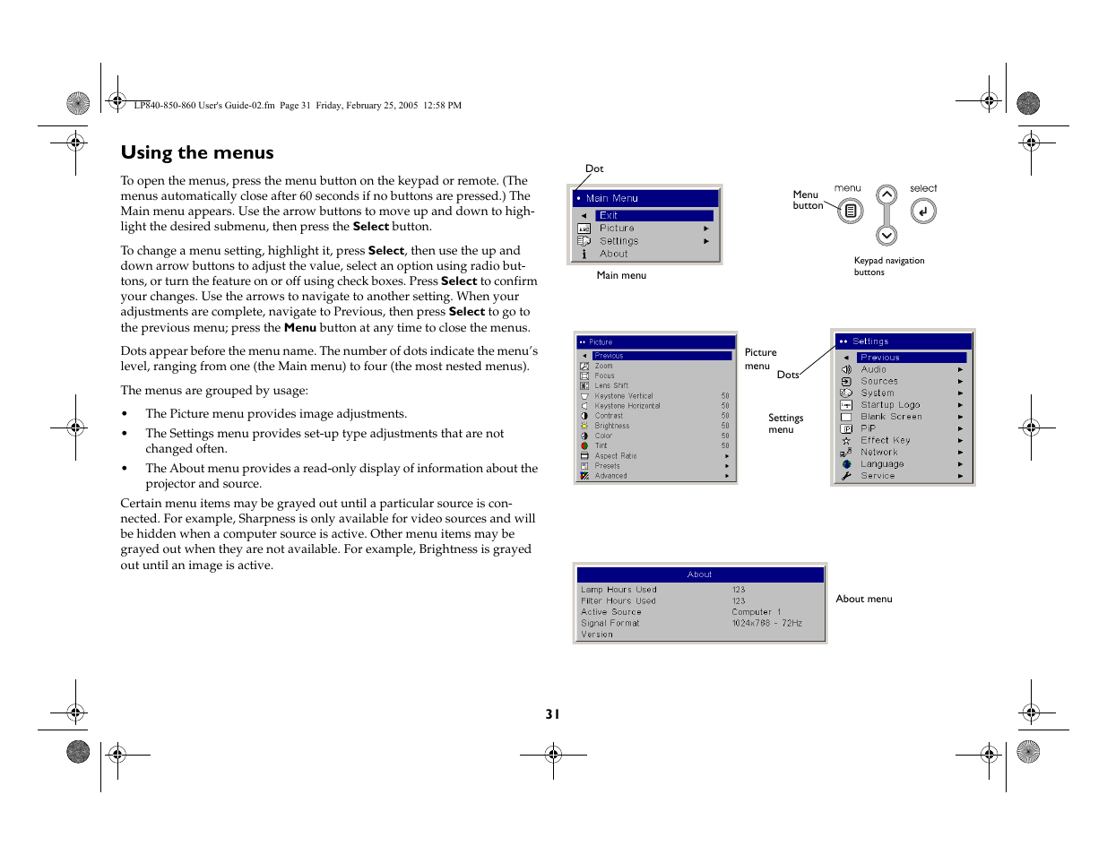 Using the menus | InFocus INTEGRATION LP840 User Manual | Page 33 / 60