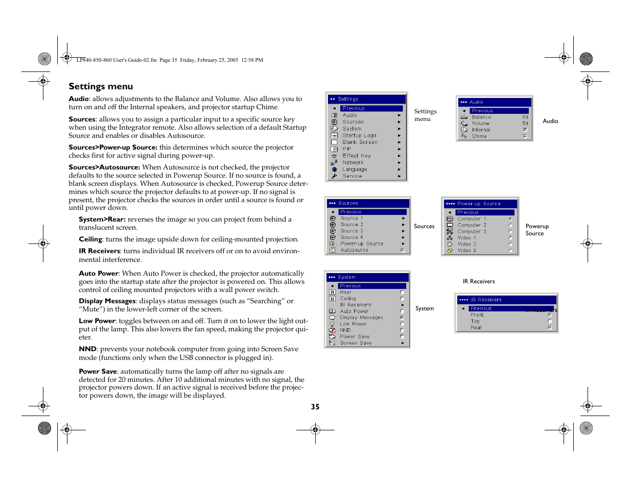 Settings menu | InFocus INTEGRATION LP840 User Manual | Page 37 / 60