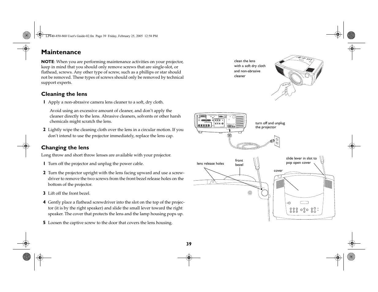 Maintenance | InFocus INTEGRATION LP840 User Manual | Page 41 / 60