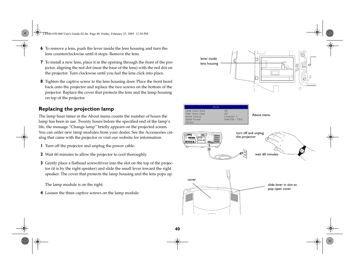 Replacing the projection lamp | InFocus INTEGRATION LP840 User Manual | Page 42 / 60
