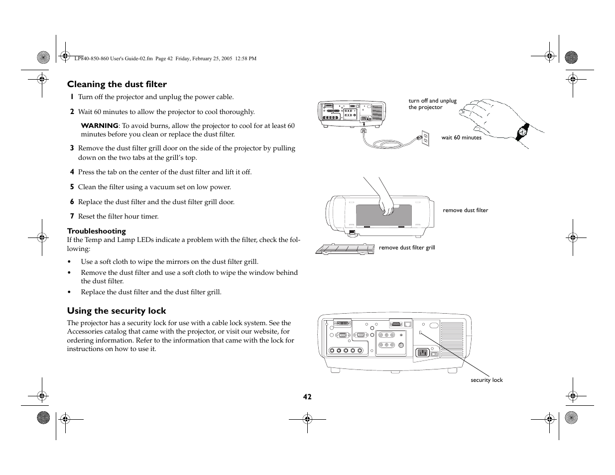 Cleaning the dust filter, Using the security lock | InFocus INTEGRATION LP840 User Manual | Page 44 / 60