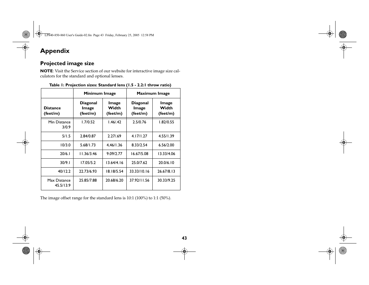Appendix, Projected image size | InFocus INTEGRATION LP840 User Manual | Page 45 / 60