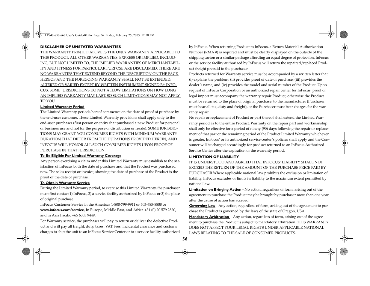 InFocus INTEGRATION LP840 User Manual | Page 58 / 60