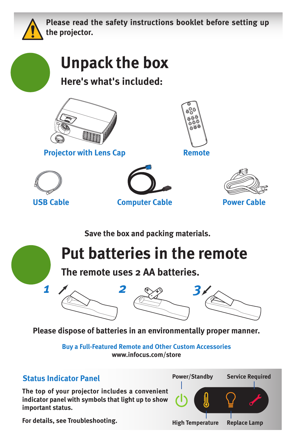 Unpack the box, Put batteries in the remote | InFocus DISPLAY LINK IN3104 User Manual | Page 2 / 8