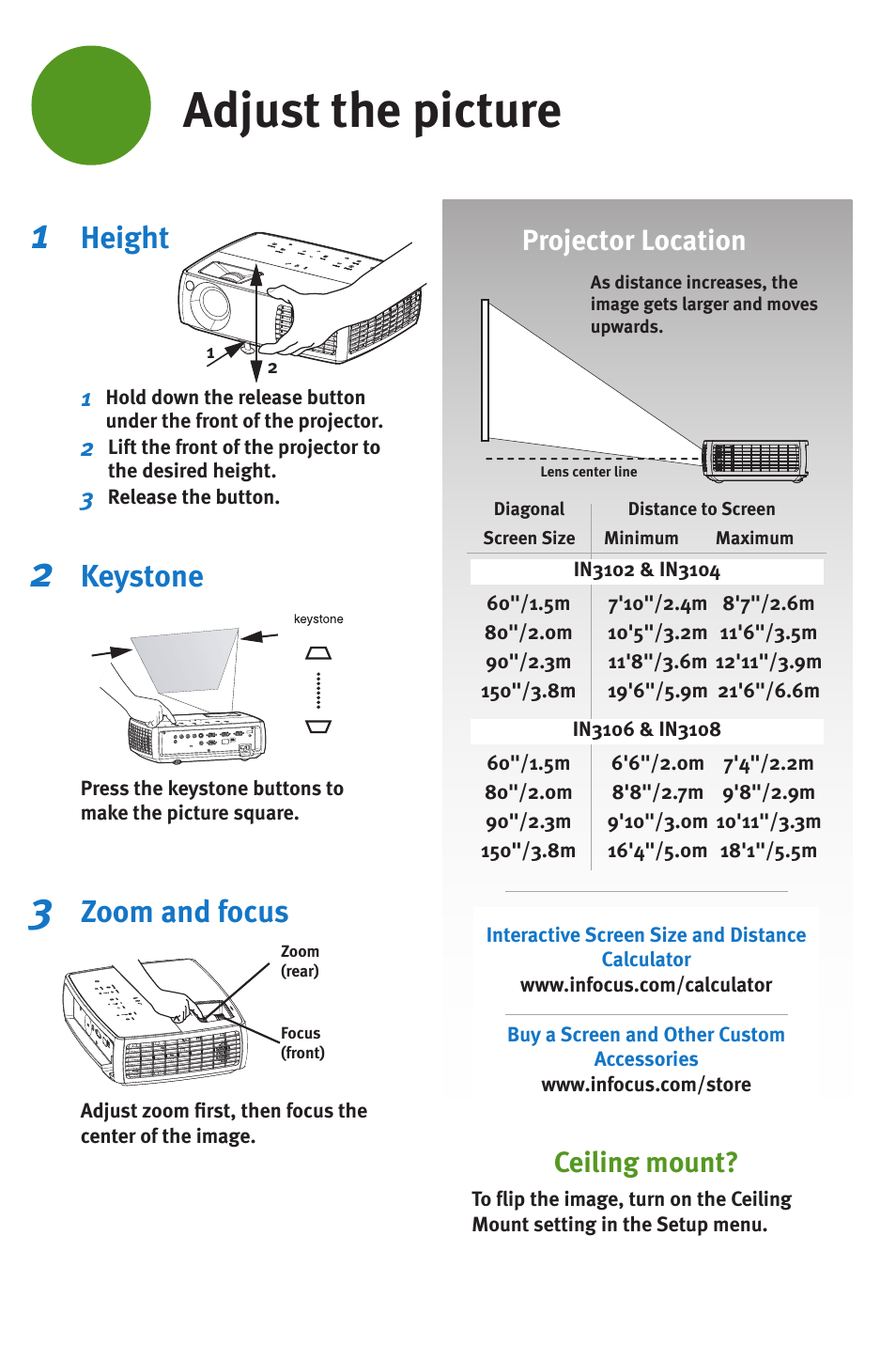 Adjust the picture, Height, Keystone | Zoom and focus, Projector location, Ceiling mount | InFocus DISPLAY LINK IN3104 User Manual | Page 5 / 8