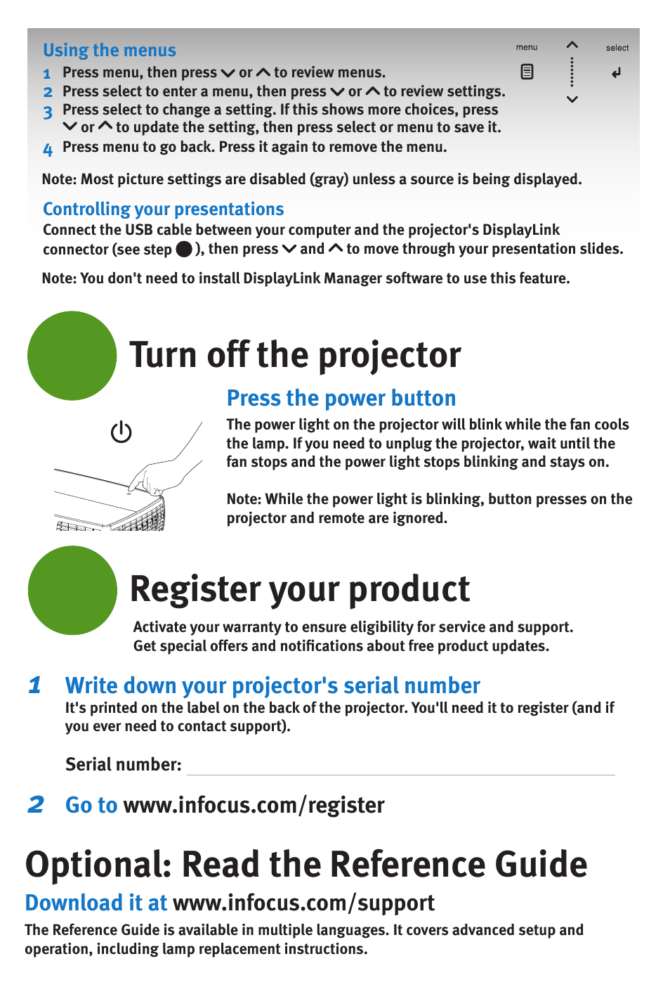 Turn off the projector, Register your product, Optional: read the reference guide | InFocus DISPLAY LINK IN3104 User Manual | Page 6 / 8