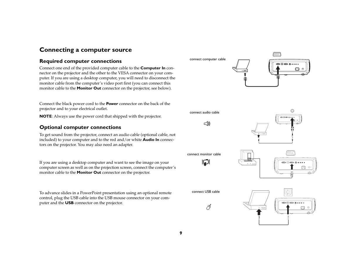 Connecting a computer source, Required computer connections, Optional computer connections | InFocus IN20 User Manual | Page 10 / 41