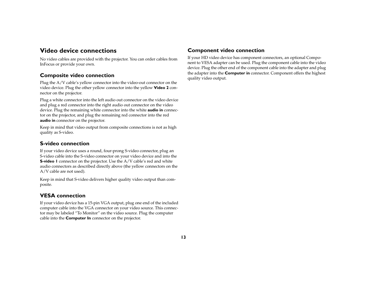 Video device connections, Composite video connection, S-video connection | Vesa connection, Component video connection | InFocus IN20 User Manual | Page 14 / 41