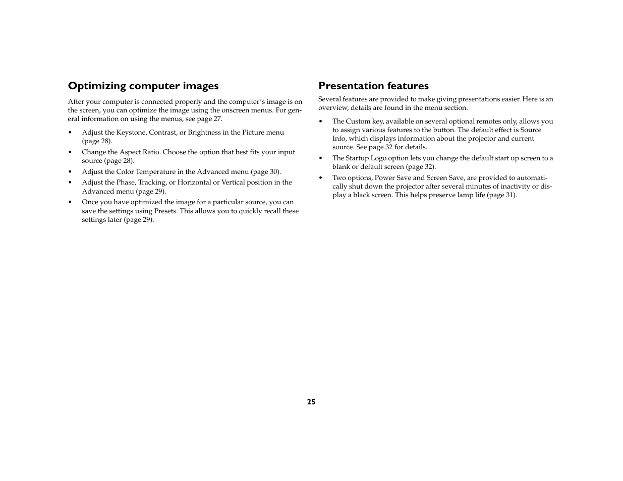 Optimizing computer images, Presentation features | InFocus IN20 User Manual | Page 26 / 41