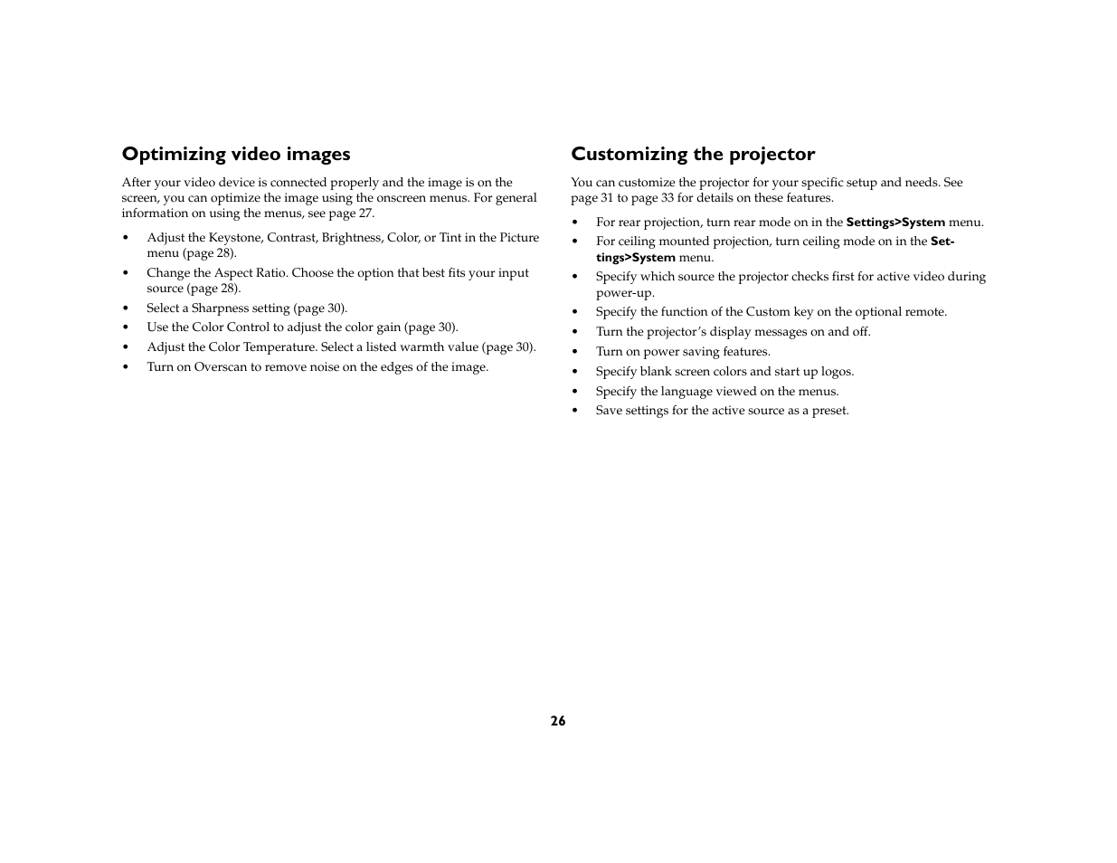 Optimizing video images, Customizing the projector | InFocus IN20 User Manual | Page 27 / 41