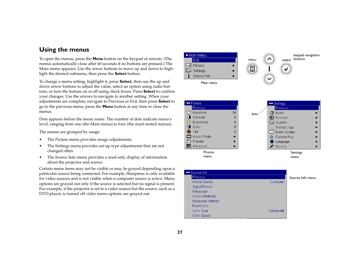 Using the menus | InFocus IN20 User Manual | Page 28 / 41