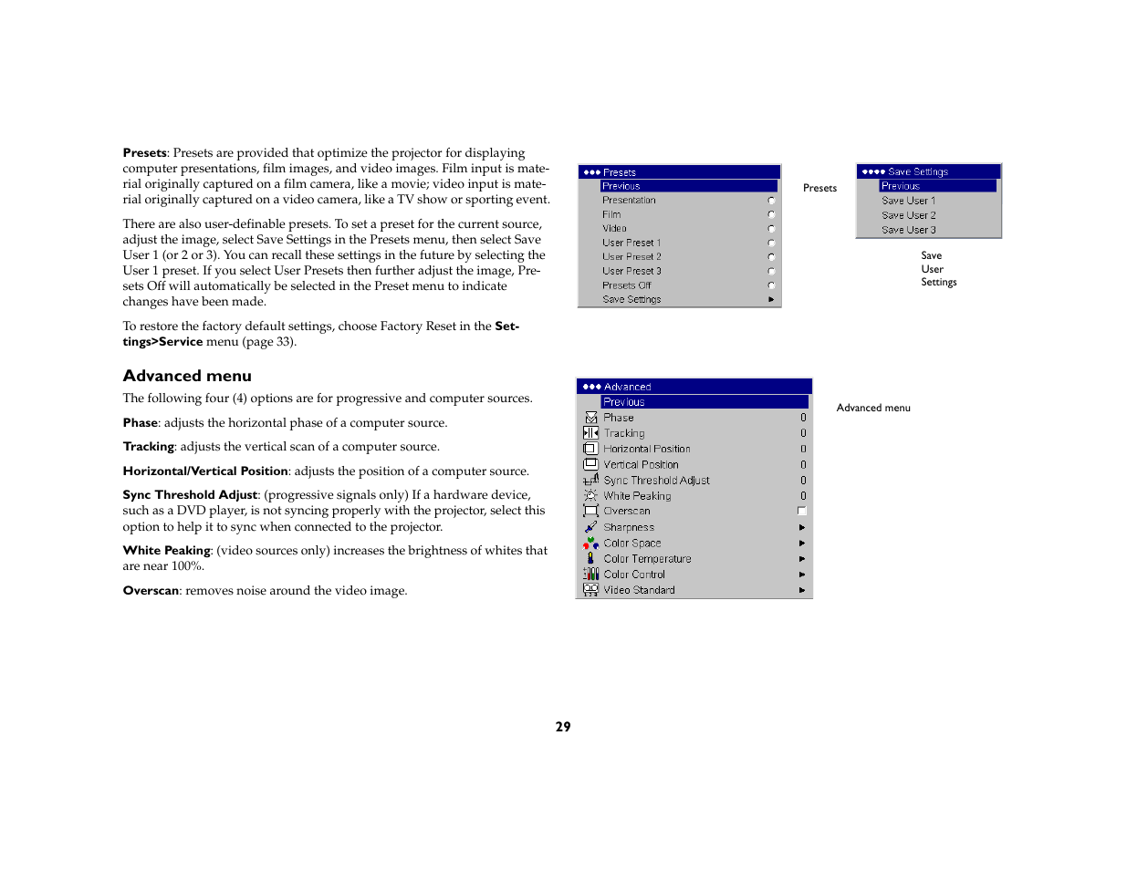 Advanced menu | InFocus IN20 User Manual | Page 30 / 41