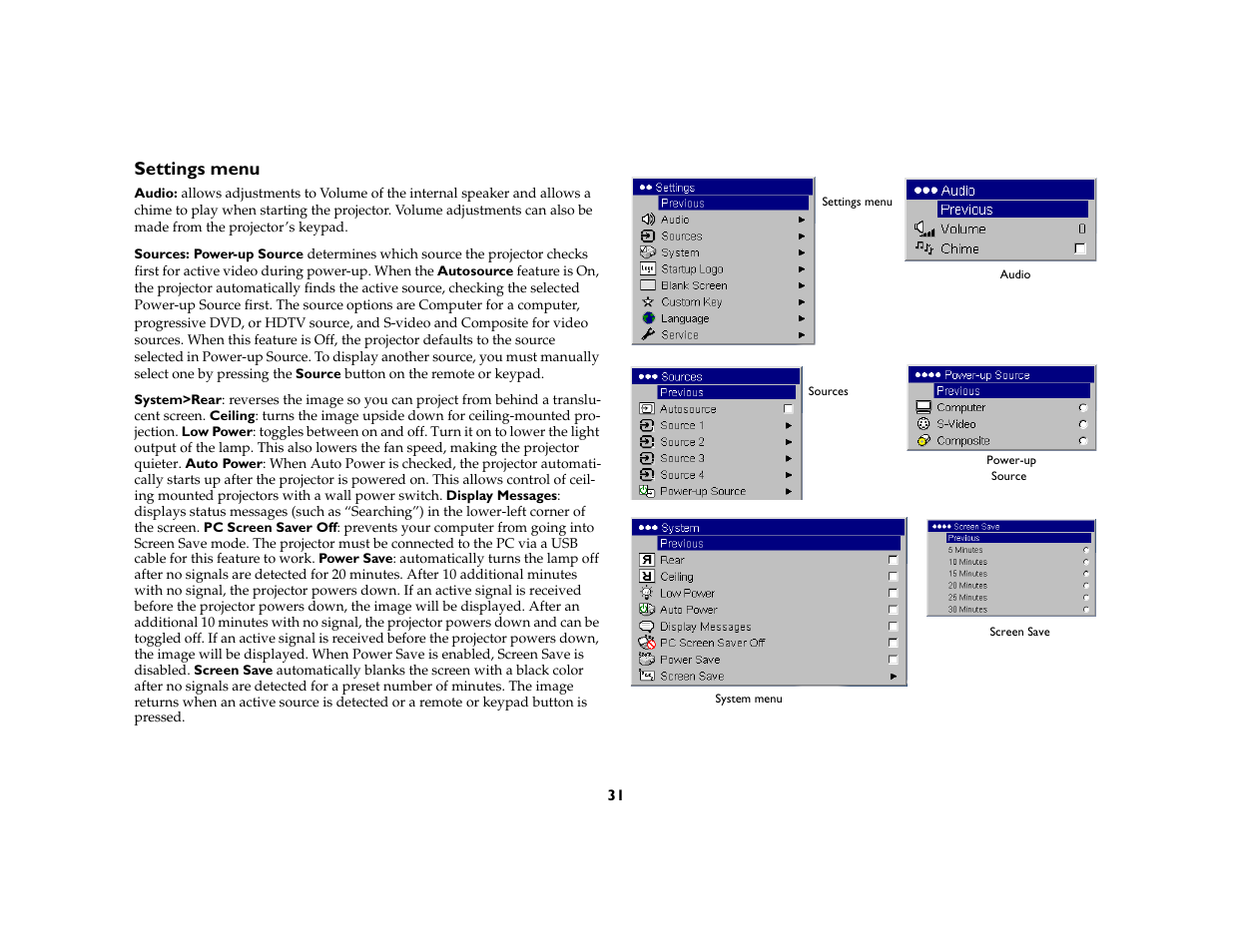 Settings menu | InFocus IN20 User Manual | Page 32 / 41