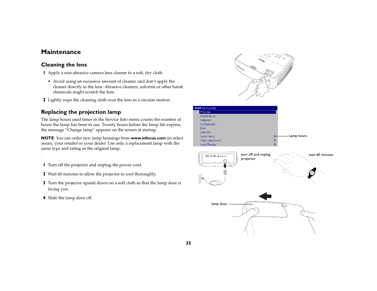 Maintenance, Cleaning the lens, Replacing the projection lamp | Maintenance 35 | InFocus IN20 User Manual | Page 36 / 41