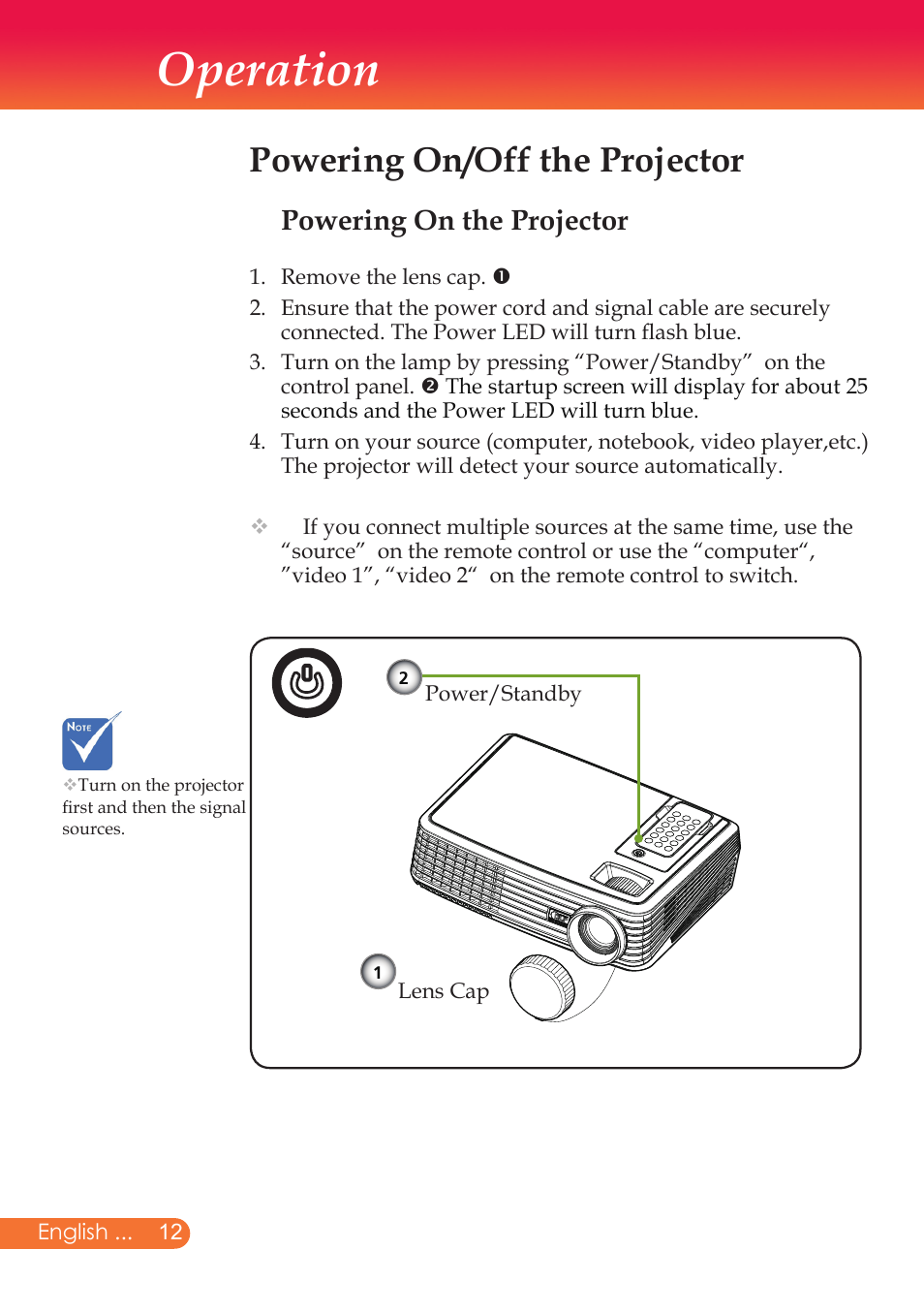 Operation, Powering on/off the projector, Powering on the projector | InFocus X9 User Manual | Page 13 / 37